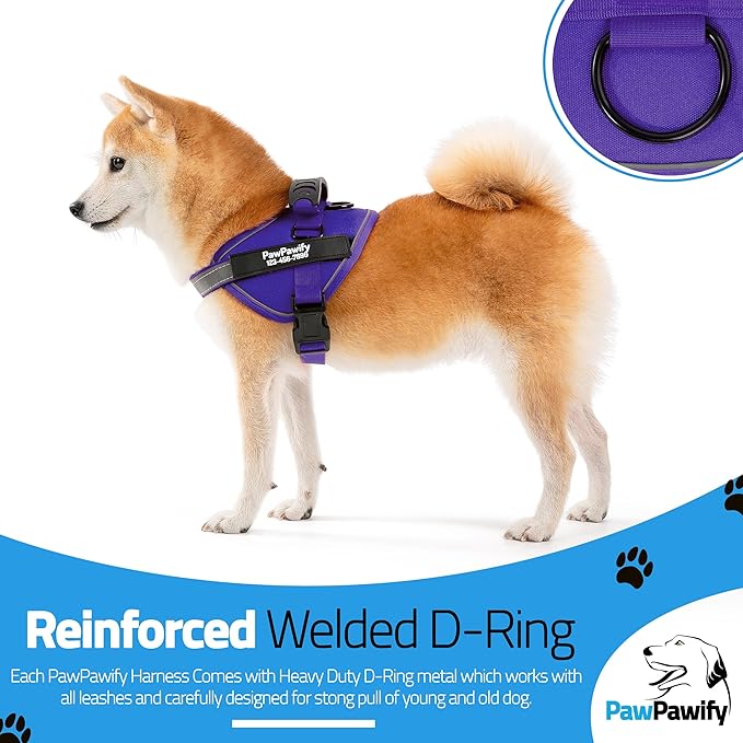 PawPawify Custom No Pull Dog Harness with Name and Phone Number, Heavy Duty Personalized Pet Vest to Prevent Tugging, Pulling, or Choking, Training and Walking (New Purple, M (20-40 LBS))
