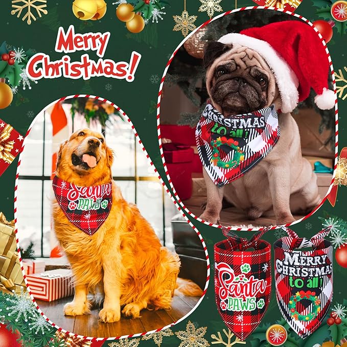 Abbylike 50 Pcs Dog Bandanas Bulk Pet Scarfs Triangle Bibs Adjustable Washable Puppy Kerchief Seasonal Pet Costume Accessories Grooming Supplies for Small Medium Large Dogs Cats(Christmas Plaid Dog)