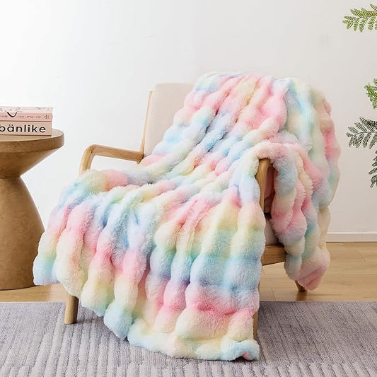 Smoofy Faux Fur Throw Blanket for Couch Rabbit Fleece - Rainbow Fluffy Blanket for Sofa Bedroom Living Room, Cozy Soft Plush Luxury Thick Winter Fuzzy Comfy Bubble Blanket - 60" x 80"