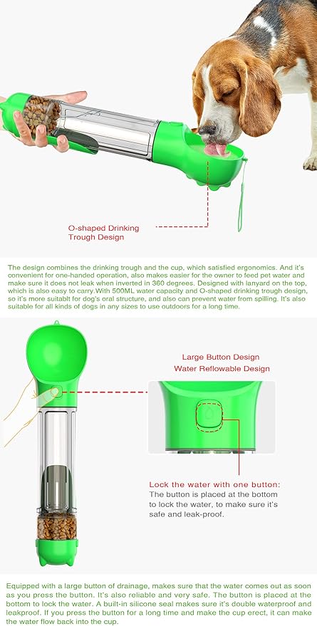 Portable Dog Bottle with Food Container,Leakproof,Poop Waste Bags Inside and Trash Shovel Design,Pet Travel Water Bowl,Essential Necessities for Dog Walking and Hiking Outdoor,Green(16.9OZ)