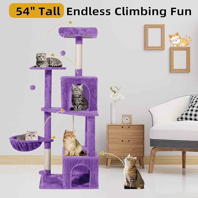 Cat Tree, 54-Inch Cat Tower for Indoor Cats,Plush Multi-Level Cat Condo with Scratching Posts, Basket, Perches,2 Caves,2 Pompoms(Purple)