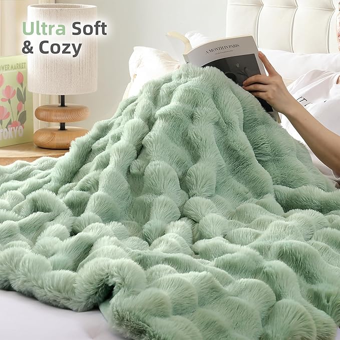 Smoofy Faux Fur Throw Blanket for Couch – Sage Fluffy Cozy Rabbit Fleece, Plush Soft Bubble Blanket for Sofa & Bed, for Mom, Warm Fuzzy Home Room Decor Throw 60" x 80"