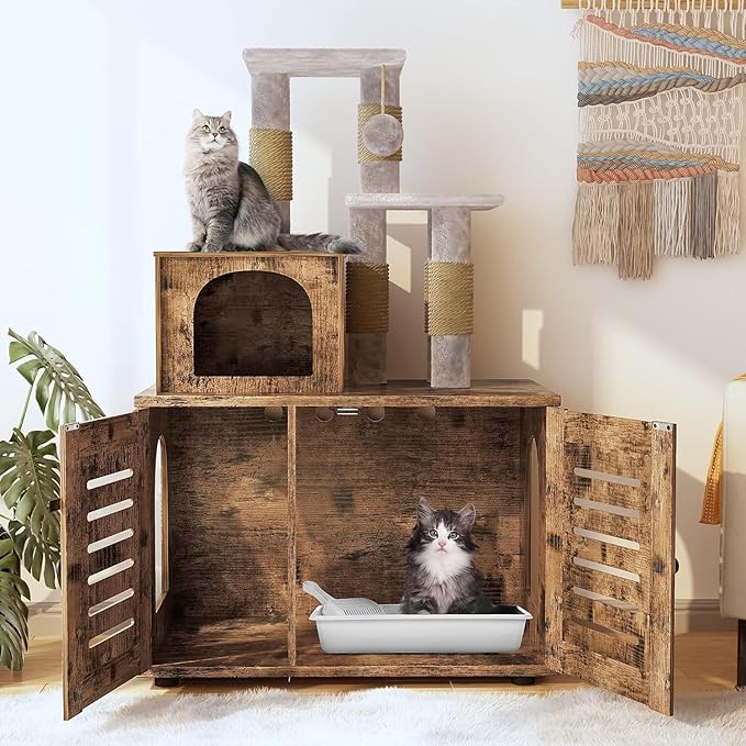 Cat Litter Box Enclosure with Cat Tree Tower 2-in-1 Hidden Pet Washroom Furniture with Scratching Post and Soft Plush Perch Platform Wooden Cat House Divided Condo for Indoor Large Cats Rustic Brown