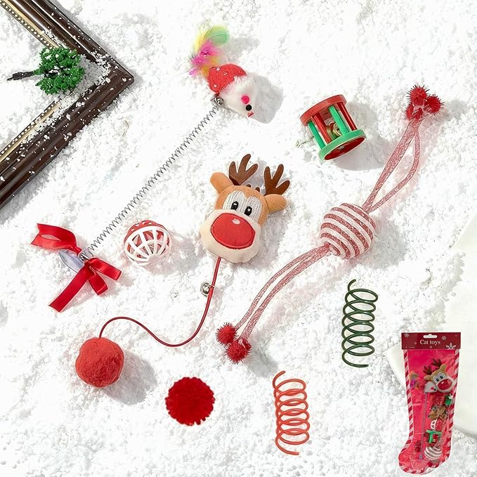 8PCS Christmas Cat Toys, Cat Christmas Stocking Toy Set for Indoor Cats & Kittens, Includes Santa, Reindeer, Balls and Spring Toy, Interactive Cat Chew Toy, Holiday Fun and Active Play