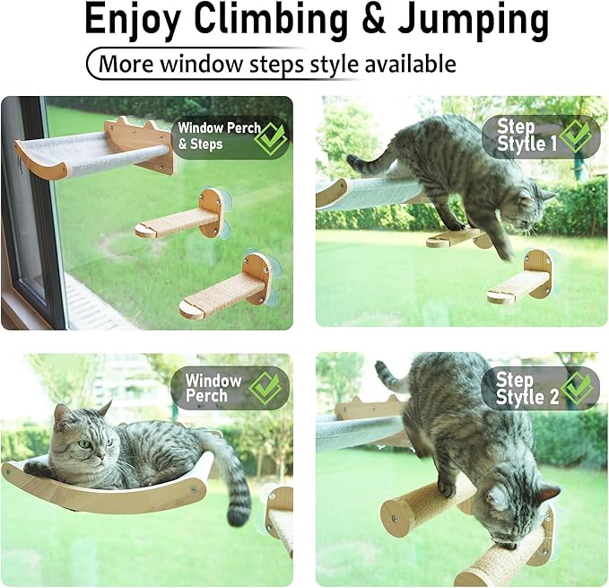 2-in-1 Cat Window Perch & Wall Shelves, Cozy Cat Window Hammock for Indoor Cats with 2 Pack of Sisal Window Shelf - Solid Wood Wall Mounted Furniture,for Sunbathing, Napping & Overlooking