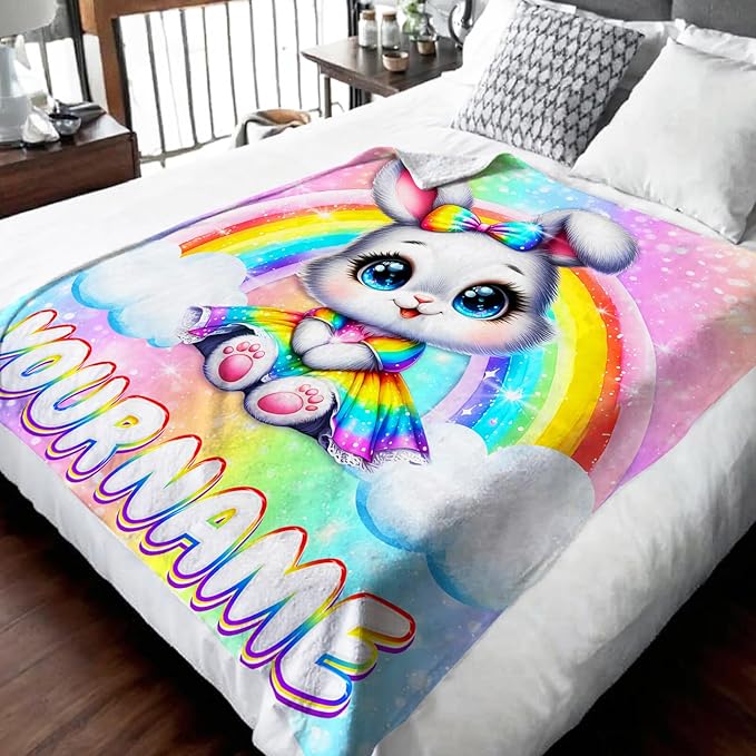 Blanket for Girls Personalized Bunny Throw for Kids Teens Rabbit Lovers, 60x80 Inches Lightweight Soft Cute Rainbow Print Throw Blankets for Sofa Couch Living Room Bed