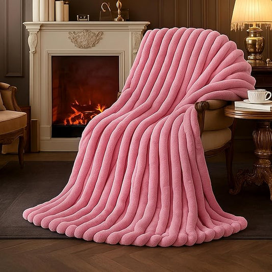 Amélie Home Faux Fur Throw Blanket for Couch, Cozy Fuzzy Fluffy Fur Luxurious Soft Striped Plush Gift Blankets for Family Sofa Chair Bedroom, 55"x70", Pink