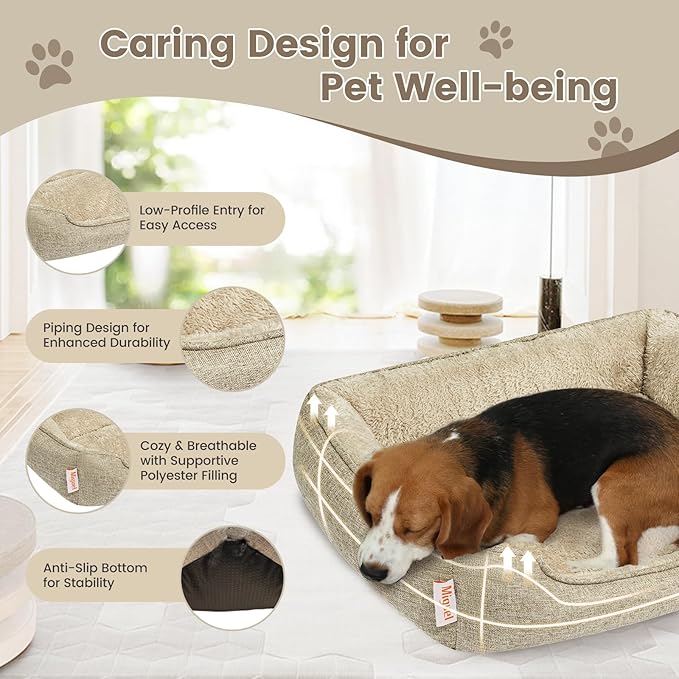 Miguel Washable Faux Linen Cat Beds for Indoor Cats with Removable Cushion Pillow, Easy to Wash Small Dog Bed with Side, Rectangle Kitten Bed Cuddle Puppy Bed with Anti-Slip Bottom, Beige 20 Inch