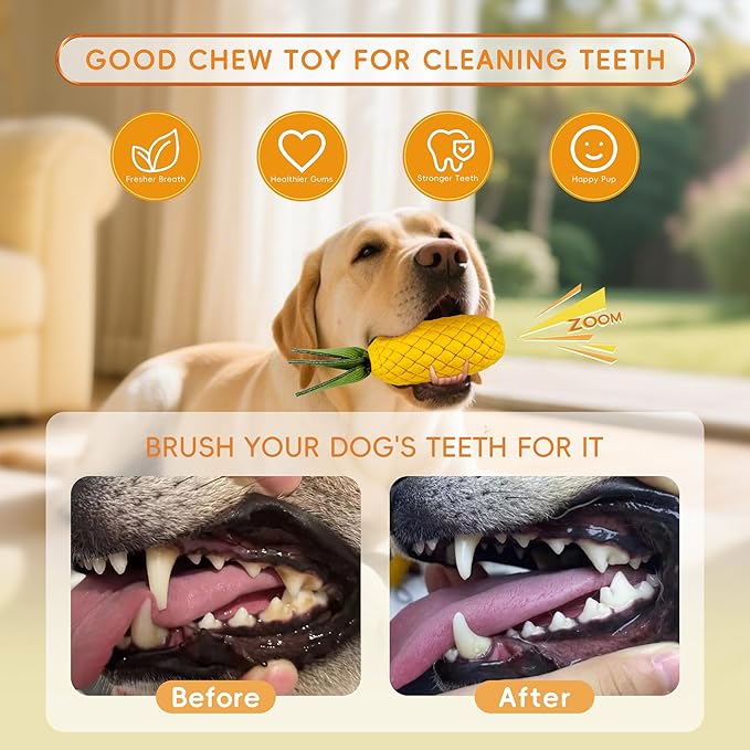 Pineapple Dog Toy, Indestructible Chew Toy with Squeaker, Durable Nature Rubber for Small Breed Dogs, Interactive Play, Teeth Cleaning, Boredom Relief