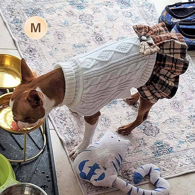 KYEESE Dog Sweater Thick Dogs Clothes with Bowtie Soft Turtleneck Pet Sweater Dress Comfy Knitwear Dog Sweaters for Small Dogs Girl Warm Pullover Pet Coats Stretchy Cat Sweaters, White, Medium