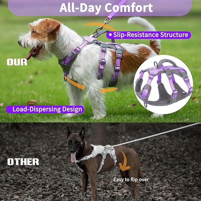 Huntboo Reflective Dog Harness with Handle, Escape Proof, No Slip, Breathable, Lightweight,Adjustable Lift Harness for Small,Medium,and Large Dogs Walking, Training,and Running Gear(Lavender Purple,S)