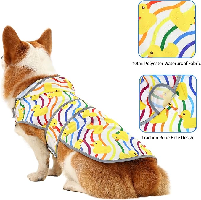 Dog Raincoat for Large Dogs, Waterproof Rain Jacket Coat with Hood and Leash Hole, Polyester, Rainbow Ducks