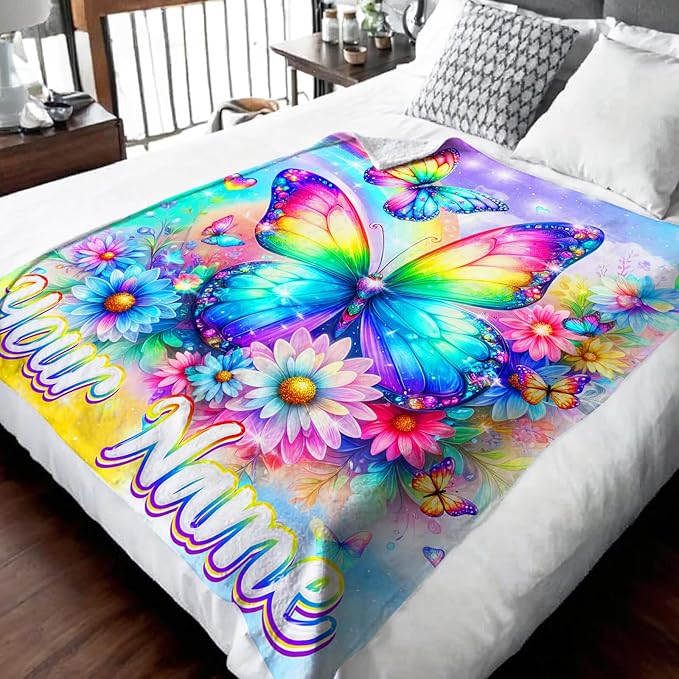 Butterfly Blanket for Girls Personalized Throw for Kids Toddler, 30x40 Inches Lightweight Soft Aesthetics Butterfly with Custom Name for Sofa Couch Bed Travel Daughter Gift