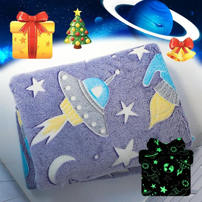 Best Gift Halloween Space Glow in The Dark Rocket Throw Blanket with Storage Bag, Soft Throw Blanket for Boys, Gifts for Christmas Birthday New Year, Kids Blanket, Day Care Home Use, 50"x60" Blue