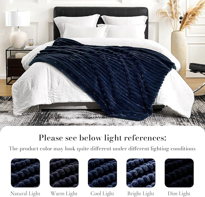Amélie Home Faux Fur Throw Blanket for Couch, Cozy Fuzzy Fluffy Fur Luxurious Soft Striped Plush Gift Blankets for Family Sofa Chair Bedroom, 55"x70", Navy Blue
