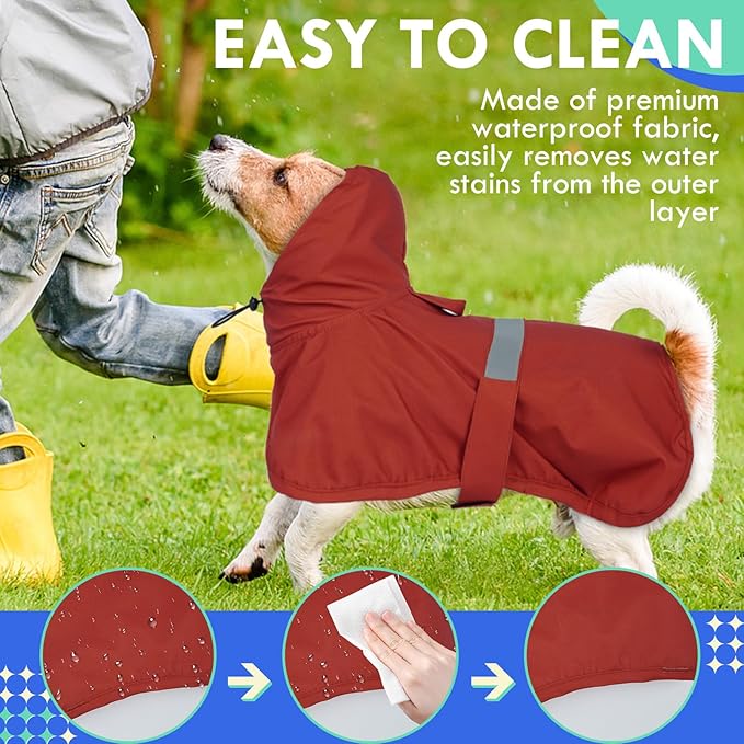 MIGOHI Dog Rain Jacket, Waterproof Rain Coat for Dogs | Outdoor Dog Raincoat with Hood, Windproof & Breathable, Reflective Strips for Safety, Red, M