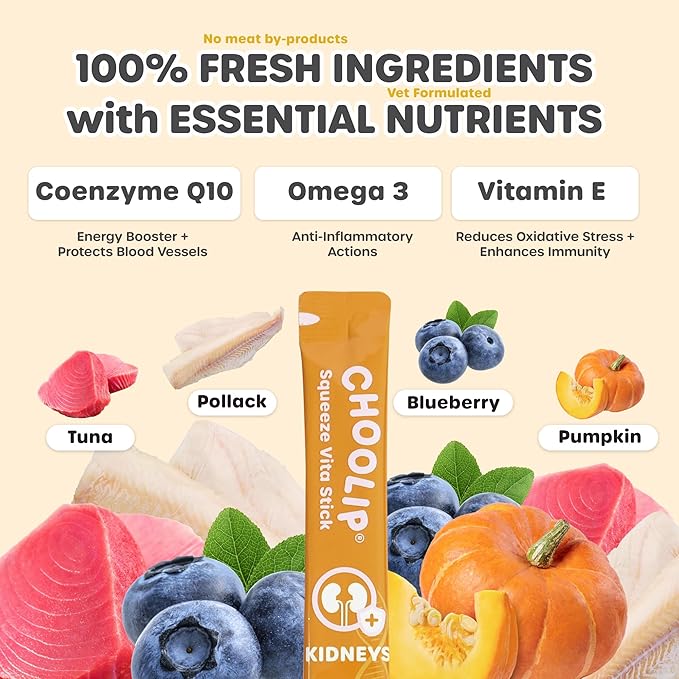 Choolip Squeeze Vita Stick Lickable Cat and Dog Treats – 49-Count Kidney Support Sticks with Multivitamins, Soft Squeezable Paste for All Life Stages, Supporting Kidney Health