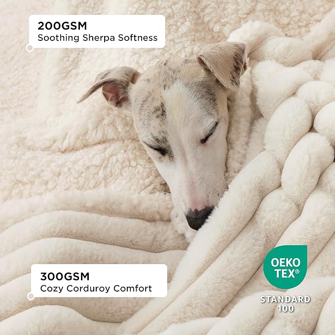 Bedsure Waterproof Dog Blankets for Large Dogs - Soft Pet Cat Blanket Corduroy Fleece for Couch Bed Protector Washable, Cozy Calming Reversible Furniture Protection for Puppy,50"x60", Cream