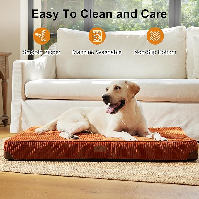 FFUKUMARU Dog Bed, Plush Corduroy Orthopedic Dog Beds with Removable Washable Cover, XL Waterproof Dogs Bed for Crate, Egg Crate Foam Support Pet Mat, Cozy Pet Bed Mat with Anti-Slip Bottom, Orange