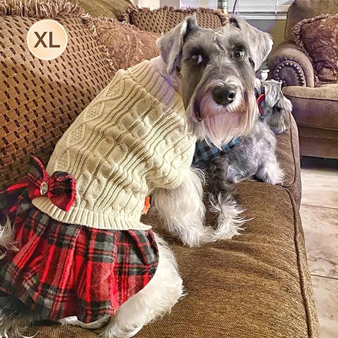 KYEESE Dog Sweater Warm Pullover Pet Coats Stretchy Cat Sweaters Thick Dogs Clothes with Bowtie Soft Turtleneck Pet Sweater Dress Knitwear Dog Sweaters for Small Dogs Girl for Cold Weather Winter