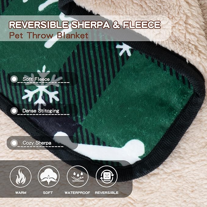 Waterproof Dog Blankets Pet Blanket 50"x60", Soft Fluffy Sofa Car Bed Protector, Reversible Sherpa Fleece Dog Blanket for Large Dogs Christmas Decor(Christmas Green)