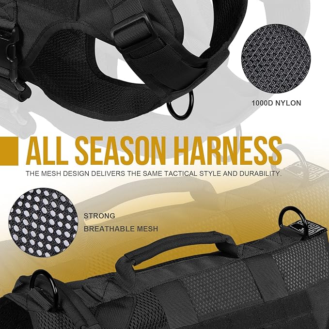 OneTigris Tactical Dog Harness for Small Dogs, No Pull Small Dog Vest Harness with Handles Breathable Military Dogs Molle Vests, Harness for Walking Hiking Training (Black, XS)