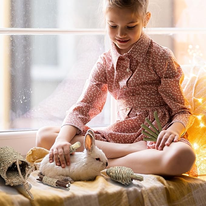 Rabbit Chew Toys,Natural Seagrass Hanging Basket with Sweet Bamboo,Timothy Hay,Water Plant Radish,Apple Sticks for Bunny Chinchillas Guinea Pigs Hamsters Rats Teeth Grinding