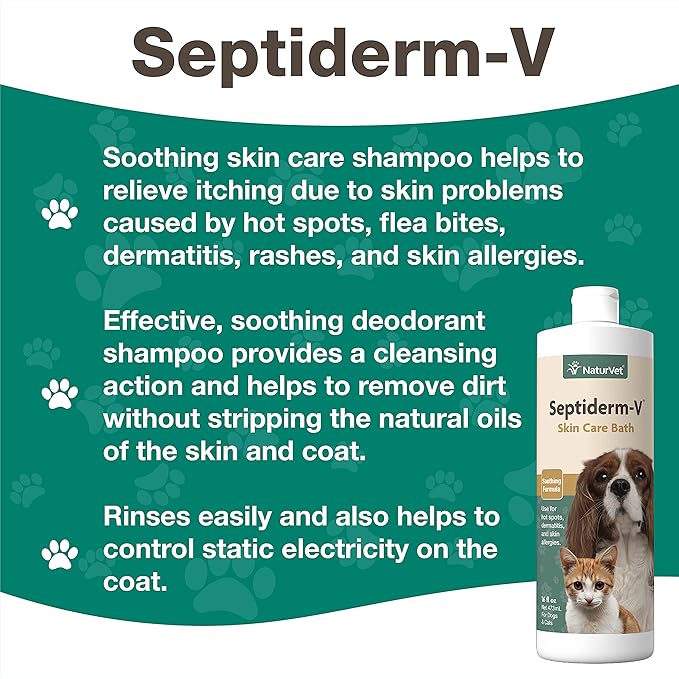 NaturVet Septiderm-V Skin Care Bath Wash for Dogs & Cats – Pet Health, Dog Skin, Itching, Hot Spots – Pet Shampoo, Grooming Aid – 16 Oz.