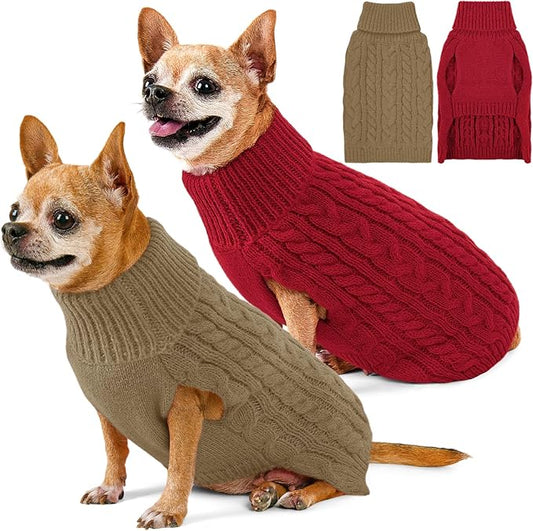 2 Pack Dog Sweaters for Small Dogs Turtleneck Pullover Cable Knit Puppy Stretch Clothes Chihuahua Yorkie Pomeranian Toy Poodle Boy Girl Pets Winter Doggie Clothes (S, Red & Brown)