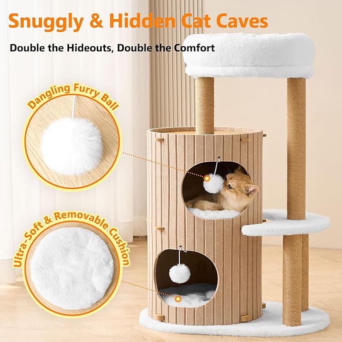 Modern Cat Tree for Indoor Cats Large Adult, 36in H Cat Condo Tower with Scratching Posts, Cozy Cat Bed Cave, Washable Cushions, Dangling Balls, Play&Nap Structure for All Breeds of Cats, Brown