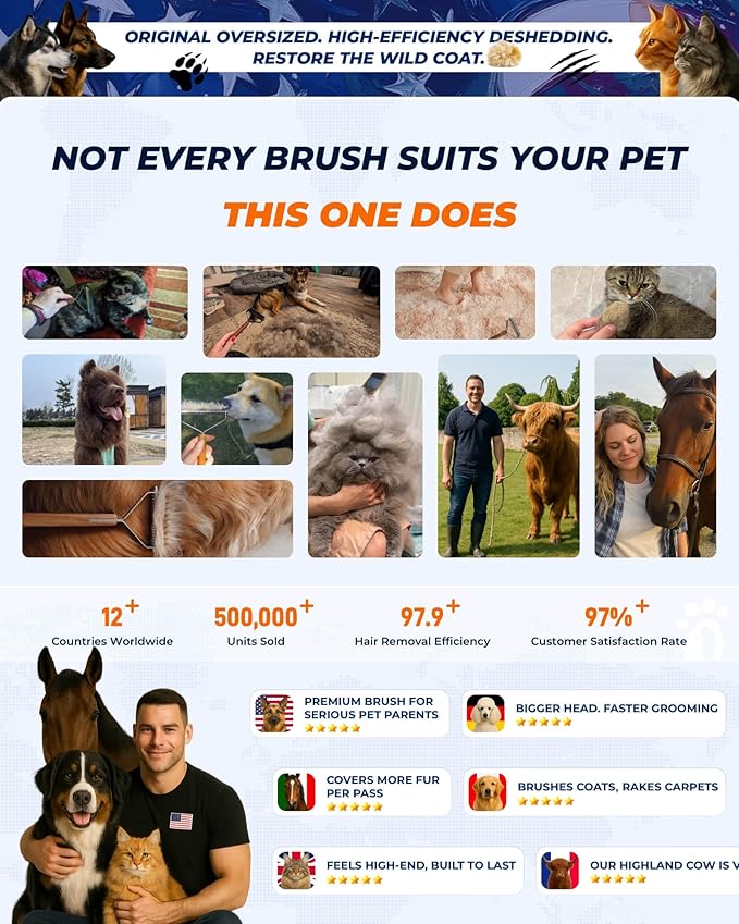 Extra Large 2-Sided Dog Brush For Shedding Undercoat Rake for Dogs & Cats, Remove Mats, Dematting Comb,Gentle Grooming Brush for German Shepherds Medium to Long-Haired Pets(Premium Walnut Handle)