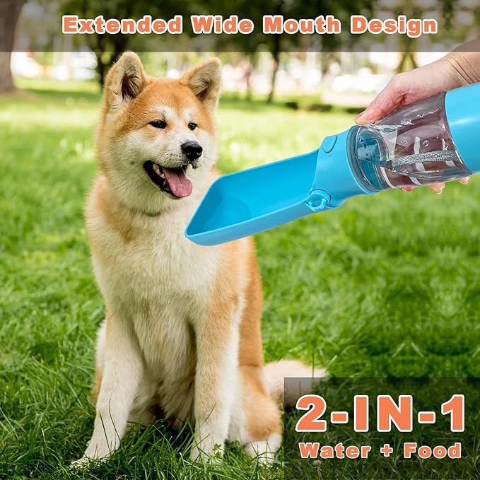Portable Dog Water Bottle - 2-in-1 Dog Travel Water Bottle with Food Container & Bowl Dispenser, Leak-Proof, Lightweight, Ideal for Dog, Cat Walking, Hiking, Travel - 8 oz, Blue