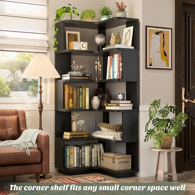 Armocity Corner Book Shelf - 6 Tier Corner Bookshelf Etagere Bookcase with Baffle, Freestanding L Shaped Display Shelf Stand for Home Office, Living Room, Bedroom, Kitchen, Black