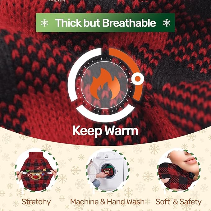 WOYYHO Dog Sweater for Small Dogs, Reindeer & Red Buffalo Plaid Knit Sleeveless Turtleneck | Warm Winter Puppy Clothes with Leash Hole for Chihuahua, Yorkie, Dachshund L