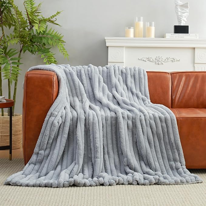 Amélie Home Faux Fur Throw Blanket for Couch, Cozy Fuzzy Fluffy Fur Luxurious Soft Striped Plush Gift Blankets for Family Sofa Chair, 60"x80", Light Grey