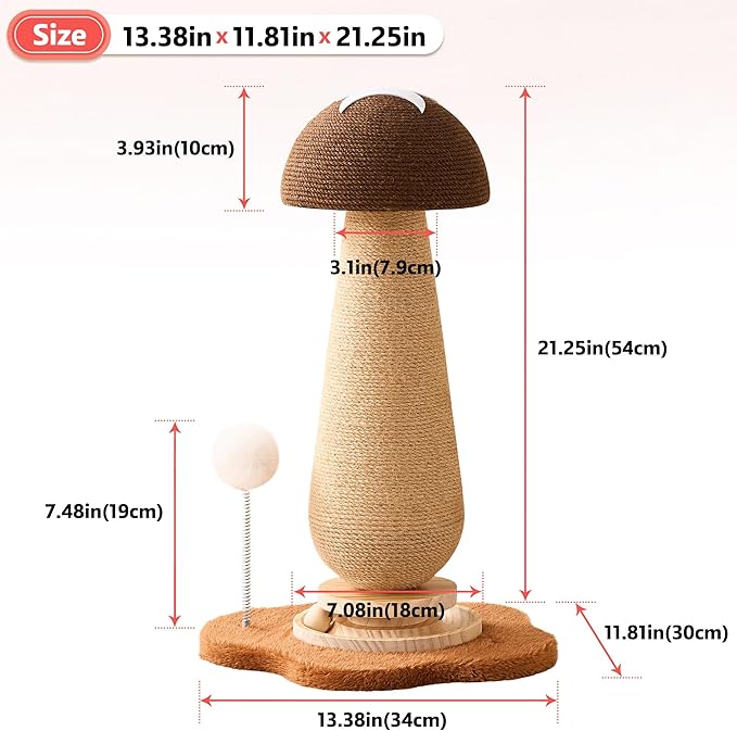 Mushroom Cat Scratching Post Cat Tree, 21.5โโ H Cute Cat Scratcher Tower with Durable Solid Wood Turntable Toy, Acorn Brown Mushroom Scratch Post Cat Sisal Scratcher with Catnip for Indoor Cats