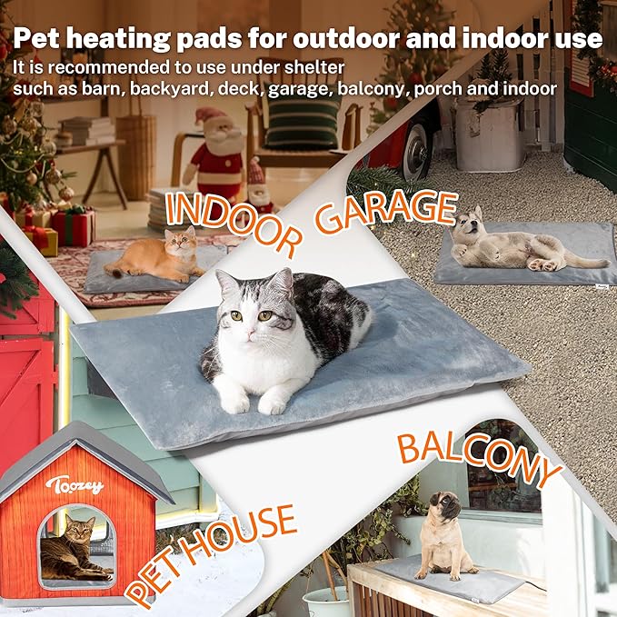 Toozey Outdoor Pet Heating Pad 20x16in, Extremely Waterproof Heated Bed for Dogs and Cats, Thermostatic Control, Chew-Resistant Cord, Soft Electric Blanket with Overheat Protection