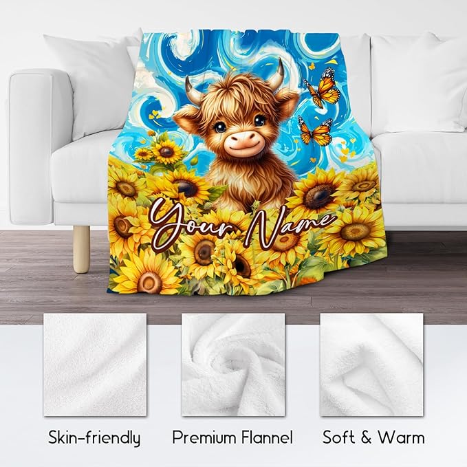 Kids Blanket - Custom Highland Cow Blankets for Toddler/Teens/Women - Flannel Soft Sunflower Throws for Room Decor - 4 Sizes