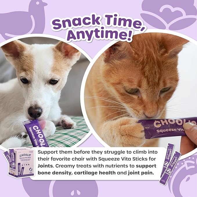 Choolip Squeeze Vita Stick Lickable Cat and Dog Treats – 49-Count Joint Support Sticks with Multivitamins, Soft Squeezable Paste for All Life Stages, Supporting Joint Health