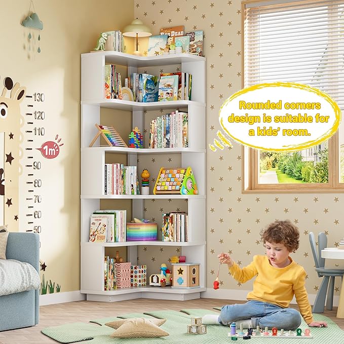 Armocity Corner Book Shelf - 6 Tier Corner Bookshelf Etagere Bookcase with Baffle, Freestanding L Shaped Display Shelf Stand for Home Office, Living Room, Bedroom, Kitchen, White