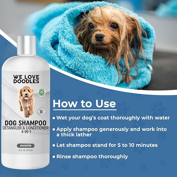Dog Shampoo, Conditioner & Detangler - Best Shampoo for Goldendoodles, Poodles & Doodles - for Matted Pet Hair - Sensitive Skin Shampoo for Puppies - Made in The USA, 16OZ (Unscented)