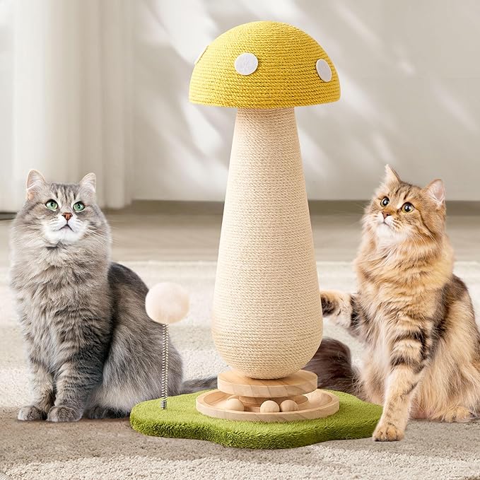 Mushroom Cat Scratching Post Cat Tree, 21.5โโ H Cute Cat Scratcher Tower with Durable Solid Wood Turntable Toy, Lemon Yellow Mushroom Scratch Post Cat Sisal Scratcher with Catnip for Indoor Cats