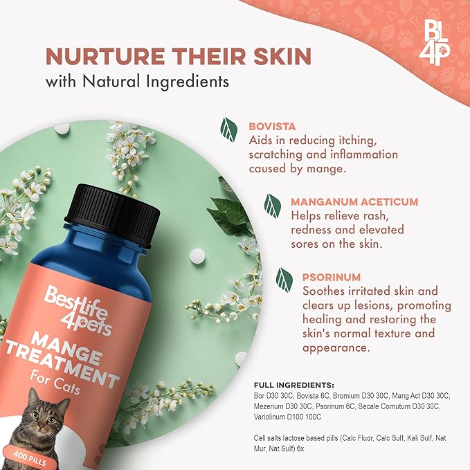 Mange Support for Cats, Natural Ear Mite & Cat Itchy Skin Relief, Relieves Welts, Scabs, Red and Flaky Skin, Shedding, Patchy Fur and Excessive Grooming, Total Cat Skin and Coat Care, 400 Tiny Pills