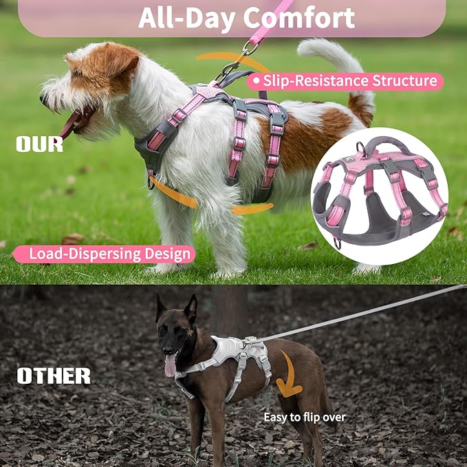 Huntboo Reflective Dog Harness with Handle, Escape Proof, No Slip, Breathable, Lightweight, Adjustable Lift Harness for Small, Medium, and Large Dogs Walking, Training, and Running Gear(Light Pink,S)