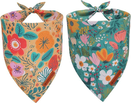 ADOGGYGO Floral Dog Bandana, Orange Green Flower Pet Scarf, Adjustable Fit Floral Bandanas for Medium Large Dogs Pets (Large)