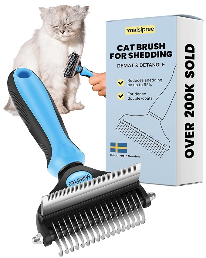 MalsiPree Cat Shedding Brush - 2 in 1 Deshedding Tool & Undercoat Rake for Dense Double-Coats - Dematting Comb - Deshedding Brush for Cats - Pet Hair Removal Tool (Blue) - Dog Grooming Supplies