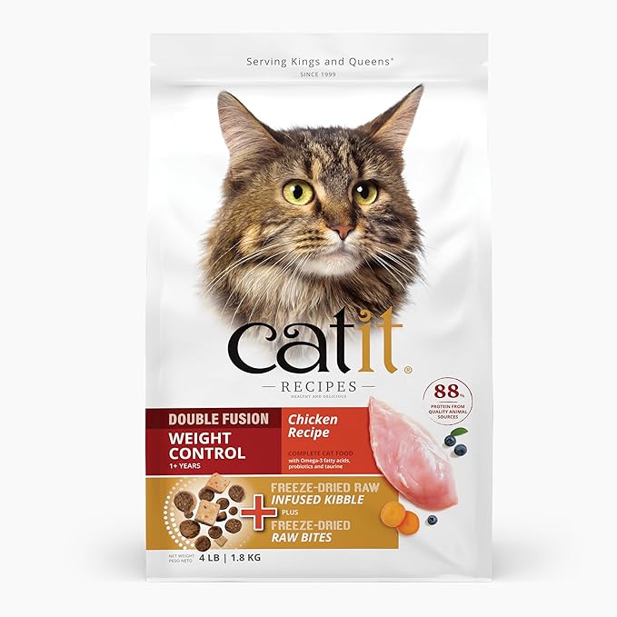 Catit Recipes Double Fusion Weight Control Cat Food – Chicken Recipe, High-Protein, Freeze-Dried Raw Toppings, No by-Products, Minimally Processed, Balanced Nutrition, 4 lb
