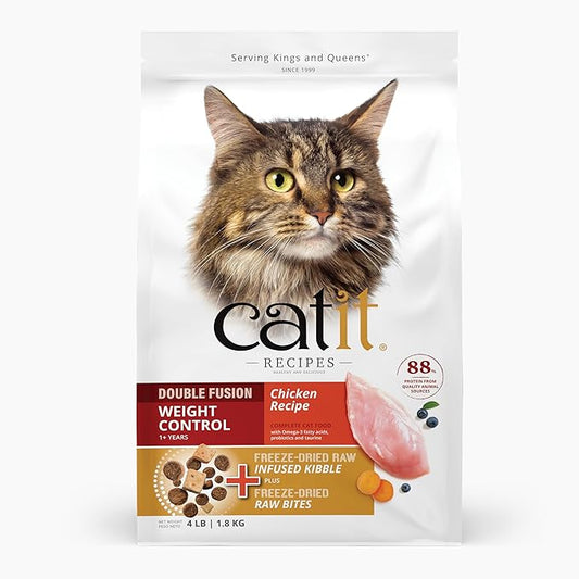 Catit Recipes Double Fusion Weight Control Cat Food – Chicken Recipe, High-Protein, Freeze-Dried Raw Toppings, No by-Products, Minimally Processed, Balanced Nutrition, 4 lb