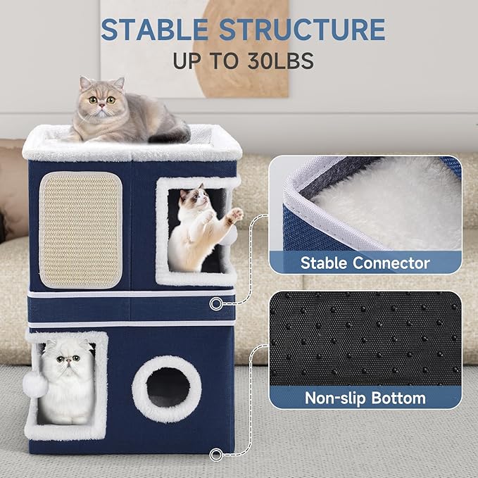 Shikha 2-Storey Cat Houses for Indoor Cats, Dual-Purpose Double Large Cat Beds Cave with Hideaway Condos, Scratch Pads, Fluffy Balls, Foldable Indoor Cat Cube House for Multi Small Pets Kitten, Blue