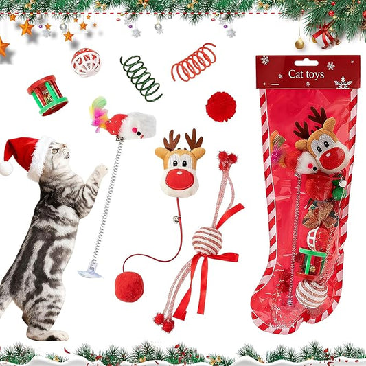 8PCS Christmas Cat Toys, Cat Christmas Stocking Toy Set for Indoor Cats & Kittens, Includes Santa, Reindeer, Balls and Spring Toy, Interactive Cat Chew Toy, Holiday Fun and Active Play